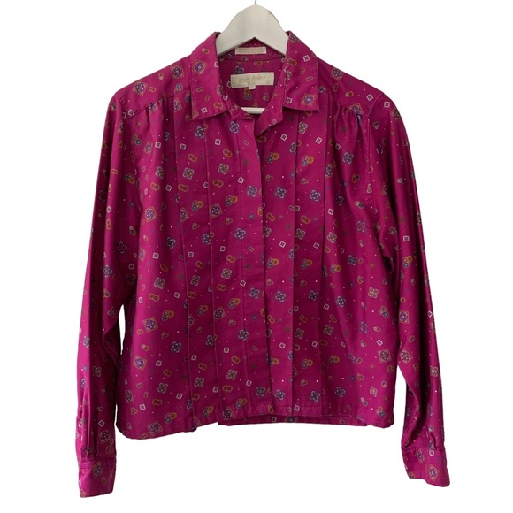 Vintage Women’s Pleated Button Up Shirt Size 14 Hot Pink Paisley Long Sleeves - Picture 1 of 10